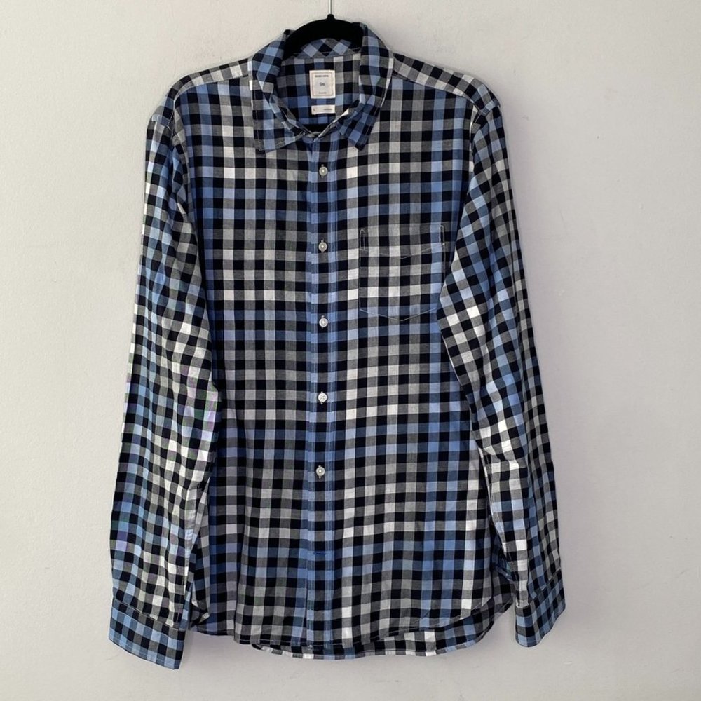 GAP Men's Blue Button-Up Shirt Plaid Colorblock 100% Cotton Size Large
